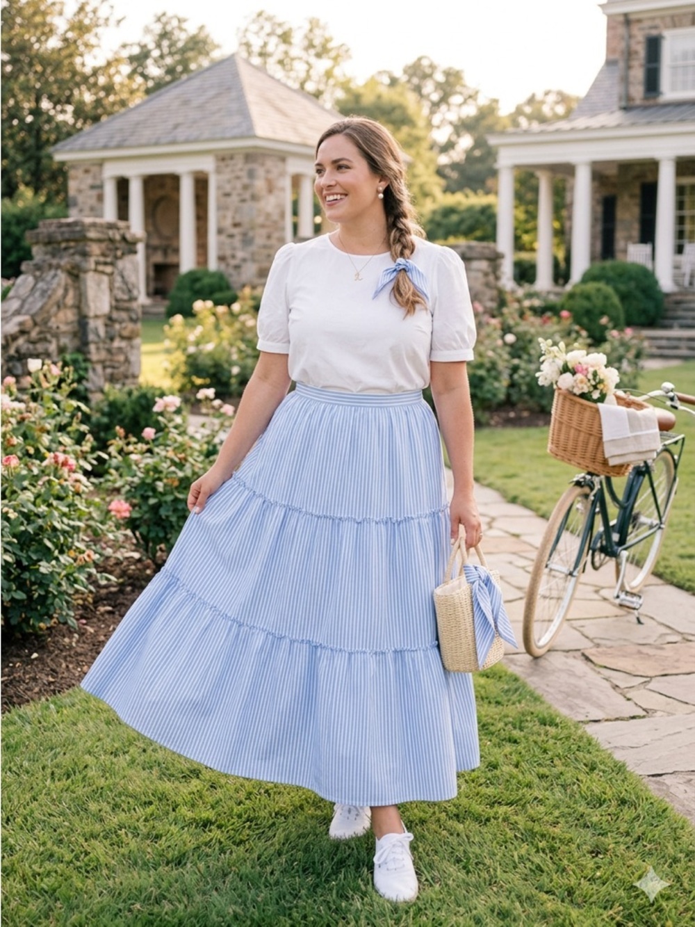 Gal Meets Glam Collection Tiered Cotton Blue Striped Maxi Skirt - Size 12